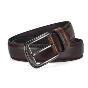Classic vintage brown genuine leather men's belt with a textured finish and metal pin buckle