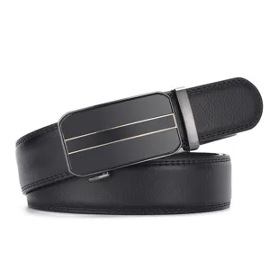 Detailed view of men's genuine leather belt with automatic buckle and dual gold lines