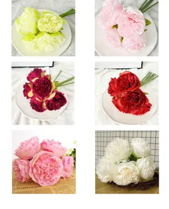 Detailed view of 5-head artificial peony silk flower bouquets in various vibrant colors for home decor.