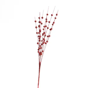 Detailed macro view of a red glittery foam berry picks branch for Christmas DIY decor