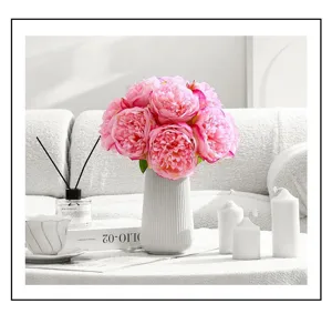 Artificial peony flower bouquet 5 heads white vase home wedding decoration detail
