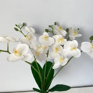 Artificial White Phalaenopsis Orchid Single Stem with Leaves Silk Fake Flowers for Wedding Decor