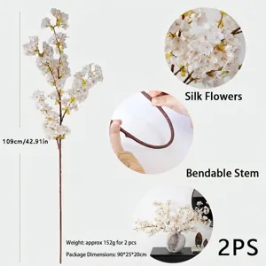Set de 2 ramas de cerezo artificiales, flores de seda blancas de 109 cm con tallos flexibles