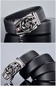 Detailed macro view of men's leather belt with unique rotating automatic buckle design