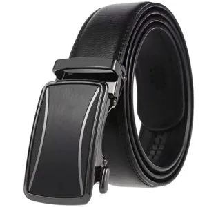 Detailed macro view of high-quality men's genuine leather belt with sleek black automatic buckle