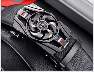 Close-up of mechanical rotating turbine buckle on premium black soft leather men's belt
