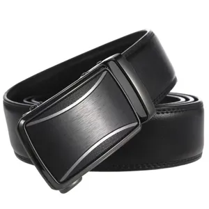 Close-up detail of a premium men's black leather belt with a brushed metal automatic buckle