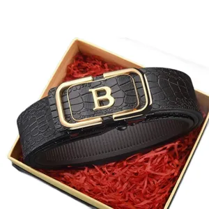 Black crocodile embossed leather belt for men featuring a luxury gold-tone B-letter automatic buckle