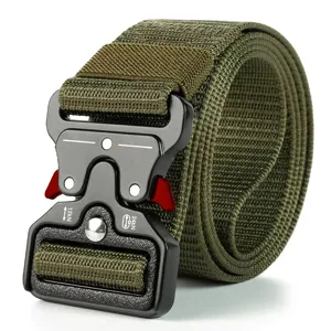 Detailed view of olive green tactical nylon belt featuring heavy duty quick-release metal buckle