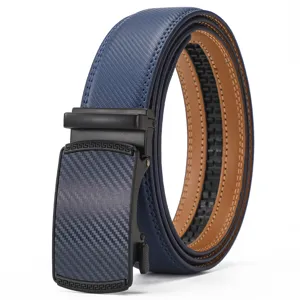 Professional men's blue split leather belt featuring a textured strap and automatic buckle