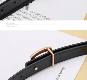 Detailansicht der Textur eines schmalen schwarzen Ledergürtels mit matter goldfarbener Schnalle.