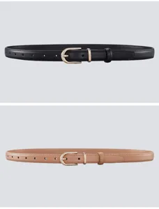Close-up view of black and tan women's leather belts with elegant gold pin buckles.