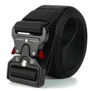Detail of black heavy-duty nylon tactical belt with quick-release metal buckle