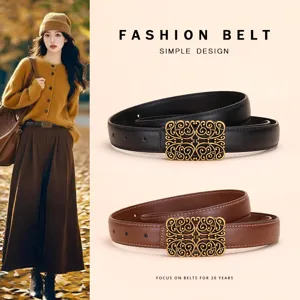 Women's Vintage Maillard Style Split Cowhide Leather Belt Hollow Out Gold Alloy Buckle Versatile Decorative Waist Belt