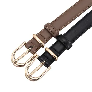 Set of two minimalist slim leather belts for women with golden alloy pin buckles