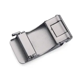 Detailed view of a gunmetal grey automatic belt buckle with premium metal finish.