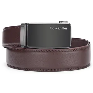 Close-up of men's genuine leather belt with Cask Knltter automatic buckle