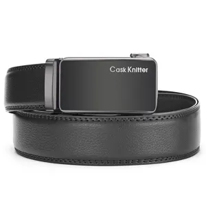Detailed view of black genuine leather belt featuring a Cask Knltter automatic buckle