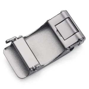 Close-up detail of high-quality gunmetal automatic belt buckle with metallic texture