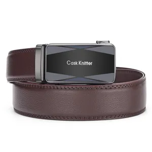 Detail view of Cask Knitter men's dark brown leather belt with sleek automatic buckle
