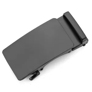 Close-up of a premium matte black automatic metal belt buckle for men's leather belts