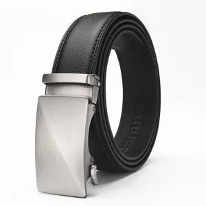 Detailed macro shot of a black mens leather belt featuring a silver automatic buckle.