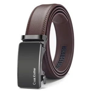 Detailed view of brown men's leather belt with stylish black automatic buckle closure
