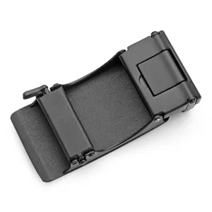 Close-up of matte black metal automatic belt buckle for men's leather belts.