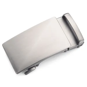 Detailed view of a brushed metal automatic belt buckle in a sleek grey finish