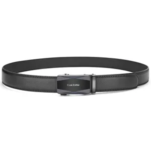 Close-up detail of a premium black men's leather belt with a sleek automatic buckle