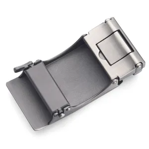 Close-up view of gunmetal grey automatic belt buckle with brushed metal finish