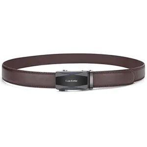 Close-up detail of a classic brown leather belt featuring a sleek automatic buckle