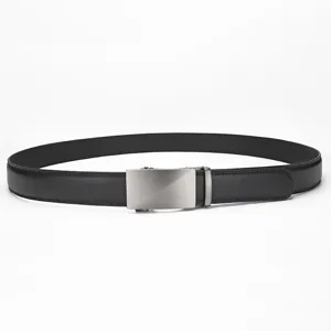 Detailed view of men's black leather belt with brushed silver automatic buckle
