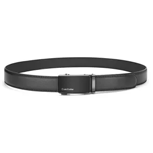 Detail view of Cask Knitter men's genuine leather belt with black automatic buckle.