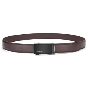 Detail of dark brown leather belt with matte black automatic buckle and brand logo