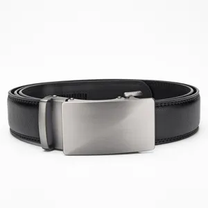 Close-up detail of men's black leather belt featuring a brushed silver automatic buckle