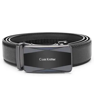 Close-up of Cask Knltter men's black leather belt with automatic buckle detail