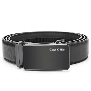 Macro detail view of men's genuine leather belt featuring a sleek black automatic buckle