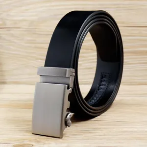 Detail view of a men's black genuine leather belt with a matte silver automatic buckle.