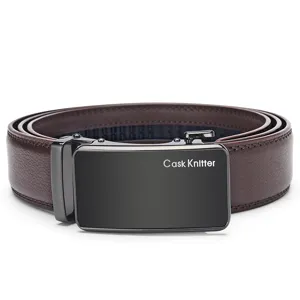 Close-up detail of a brown leather belt with a black automatic buckle and brand logo