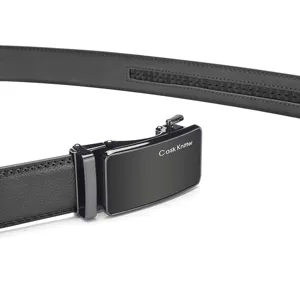 Close-up detail of men's black leather belt with Cask Knitter automatic metal buckle