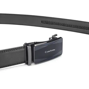 Detail view of men's genuine leather belt with automatic buckle and Cask Knltter logo.