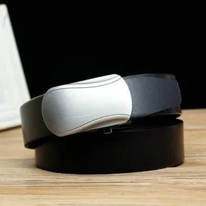Close-up of premium men's black leather belt with silver automatic buckle