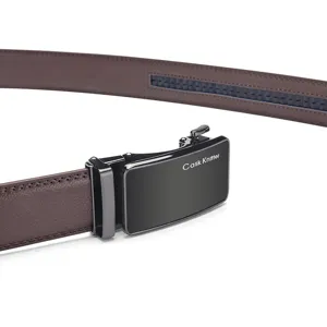 Detailed view of the Cask Knltter men's brown leather belt with black automatic buckle.