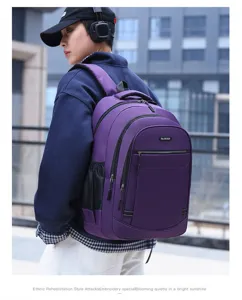 Dettaglio dello zaino viola per laptop di grande capacità indossato da un modello