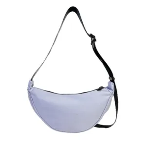 Minimalist lavender crescent dumpling bag with an adjustable black shoulder strap.