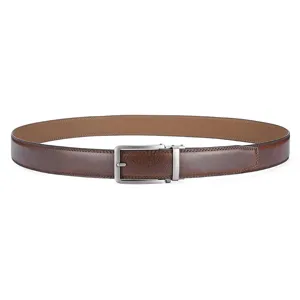 Close-up of men's brown leather belt with sleek metal automatic buckle