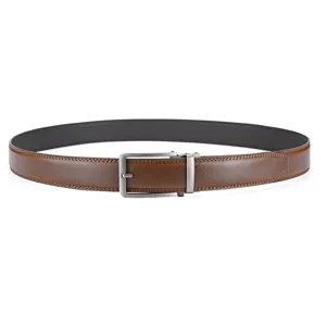 Classic brown leather belt for men with matte metal buckle in business casual style.