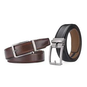 Detail view of men's black and brown leather belts with automatic pin-look buckles.