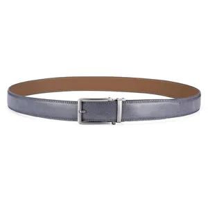 Grey crackle texture leather belt for men with a brushed silver buckle detail view